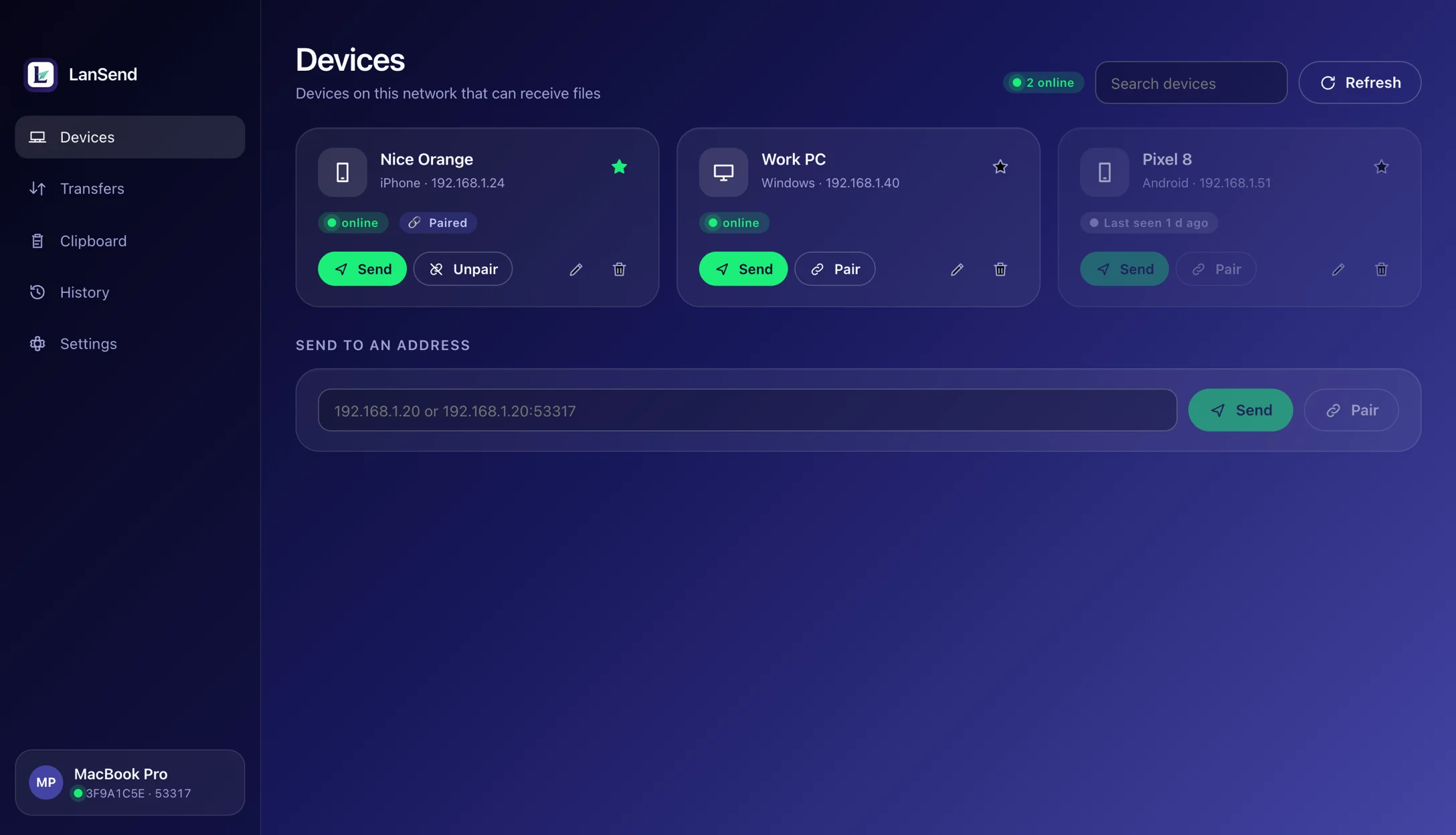 Devices — Everything on your network with its online, paired and favourite state — or type an address when discovery is blocked.