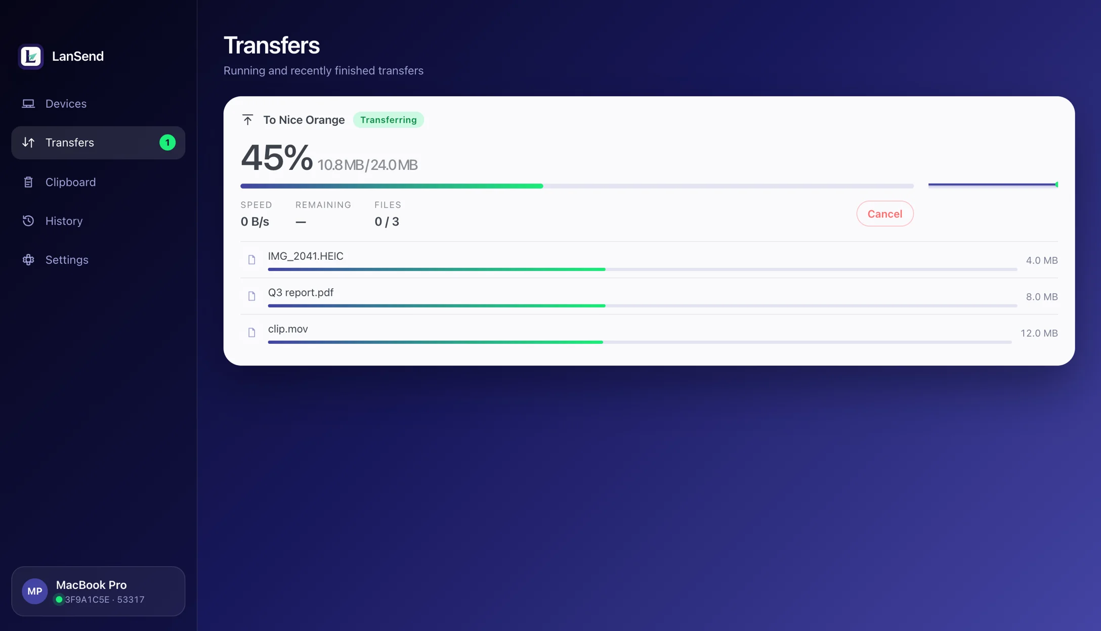 Transfers — One big number for the whole batch, plus progress, speed and time left per file.
