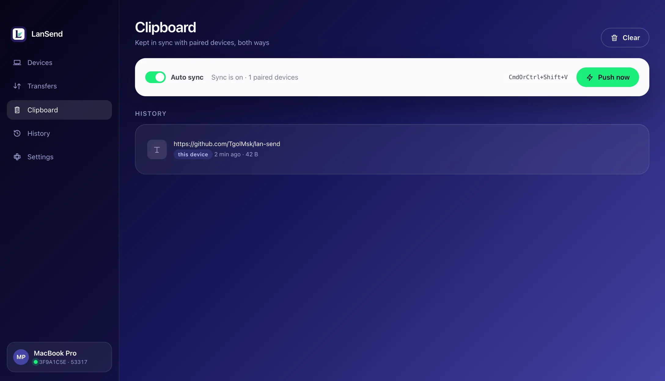 Clipboard — Two-way sync with paired computers for text and images, with a history you can copy from again.