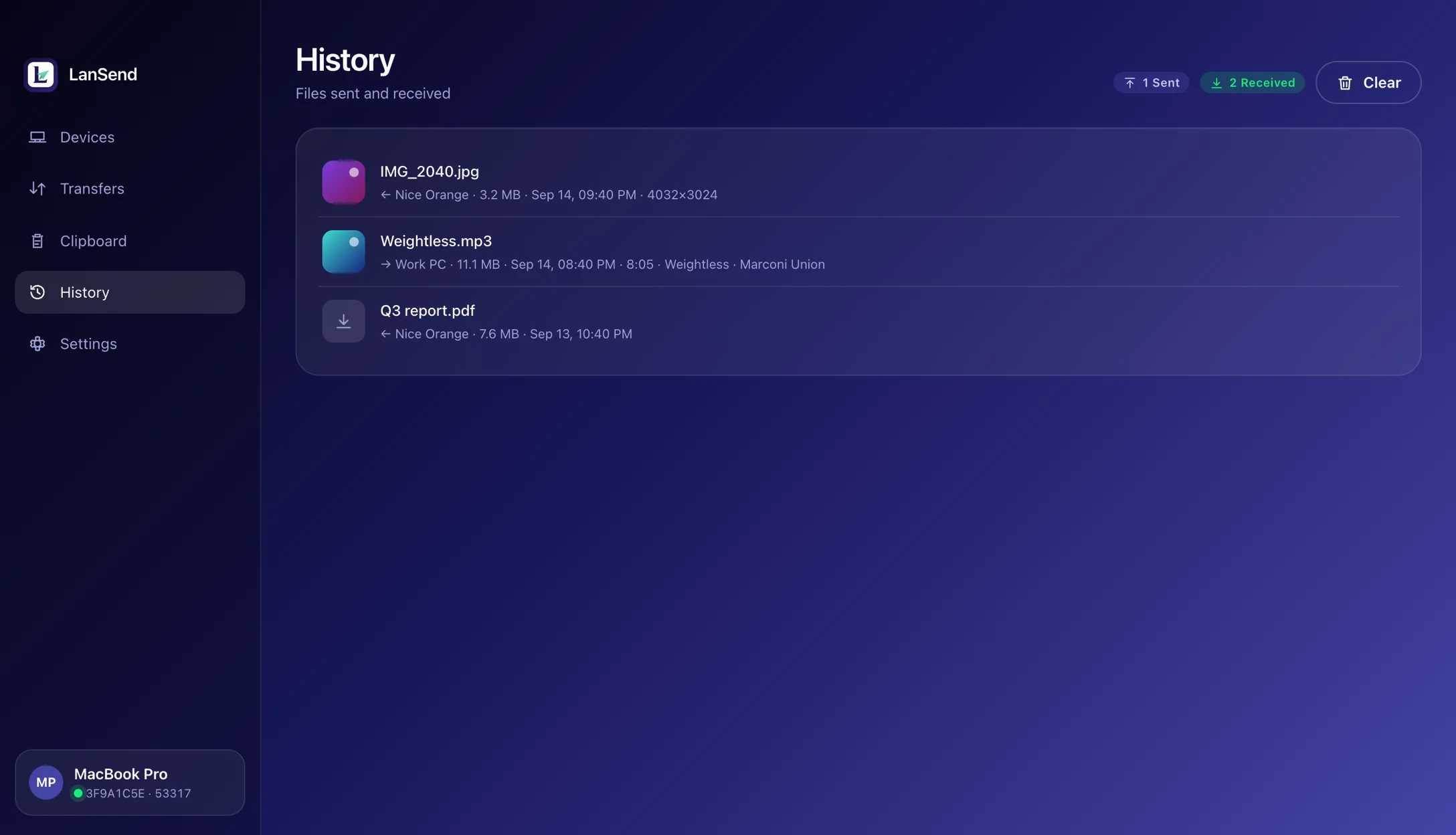 History — What you sent and received, with thumbnails, checksums and where it went.