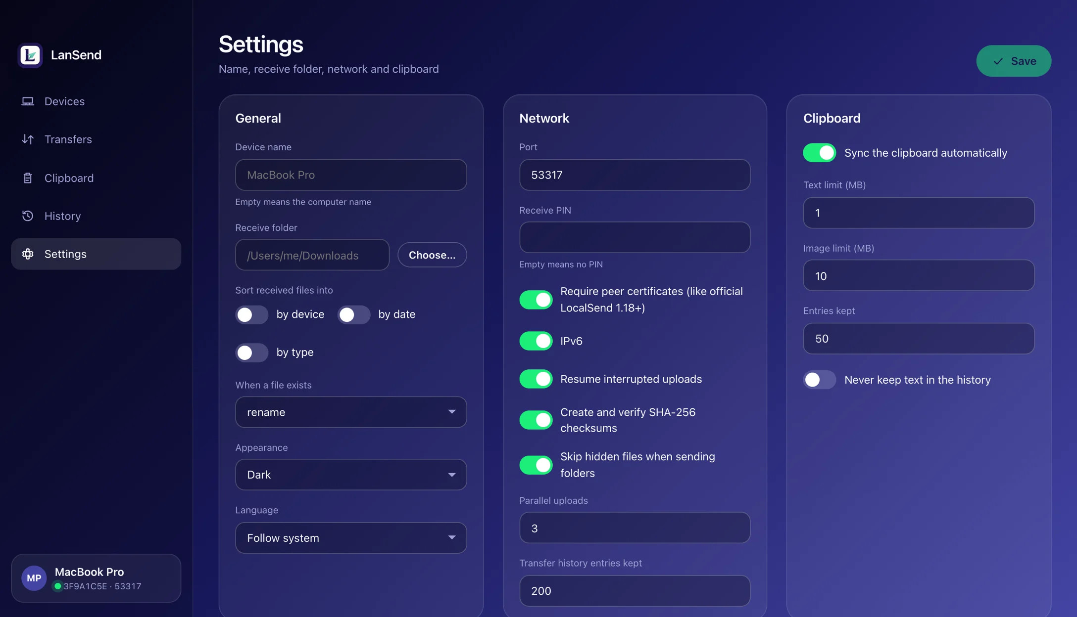 Settings — Device name, receive folder, auto-accept, PIN, sorting rules and language.