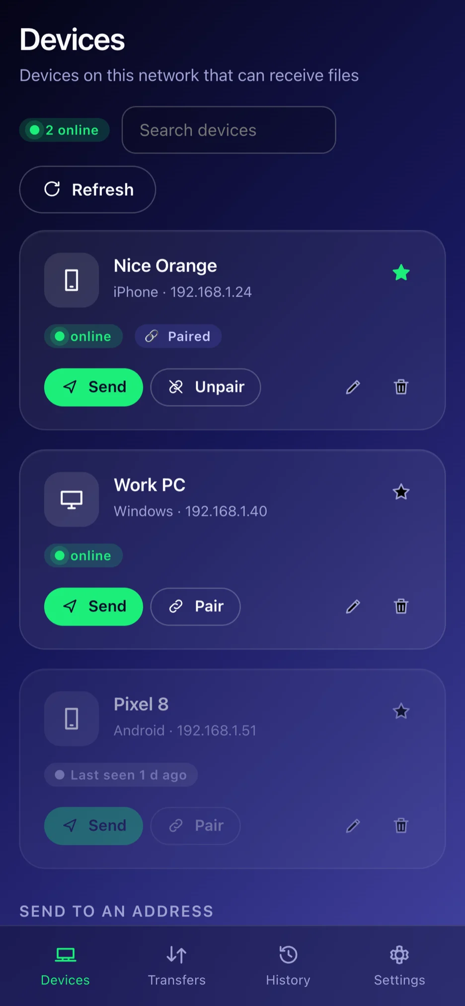 Devices — Open the app and the computers and phones nearby are already there.