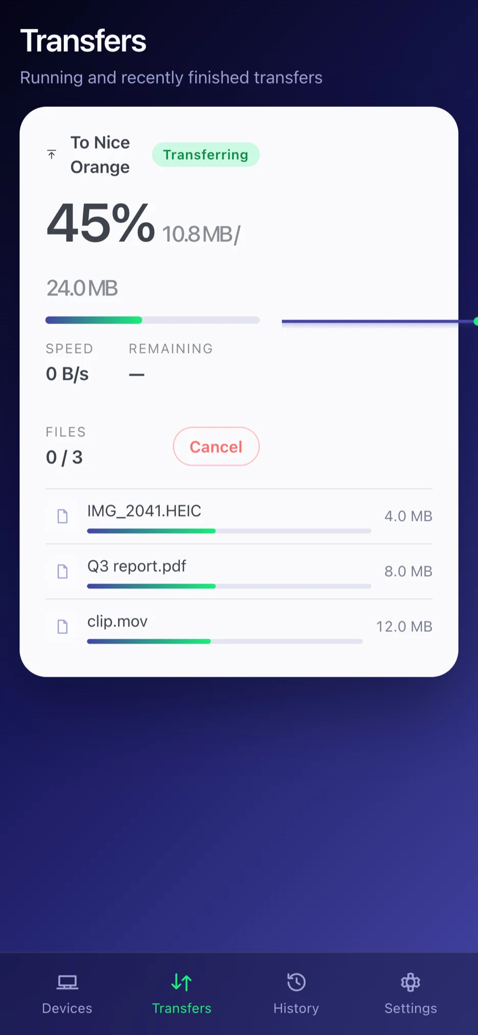 Transfer — Progress, speed and per-file detail, with a notification when you switch away.