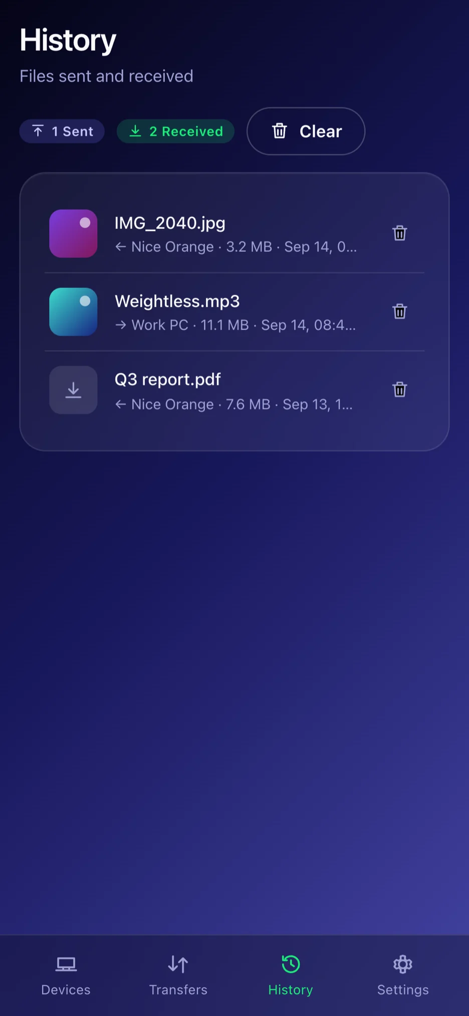 History — Received files land in the Files app under LanSend.