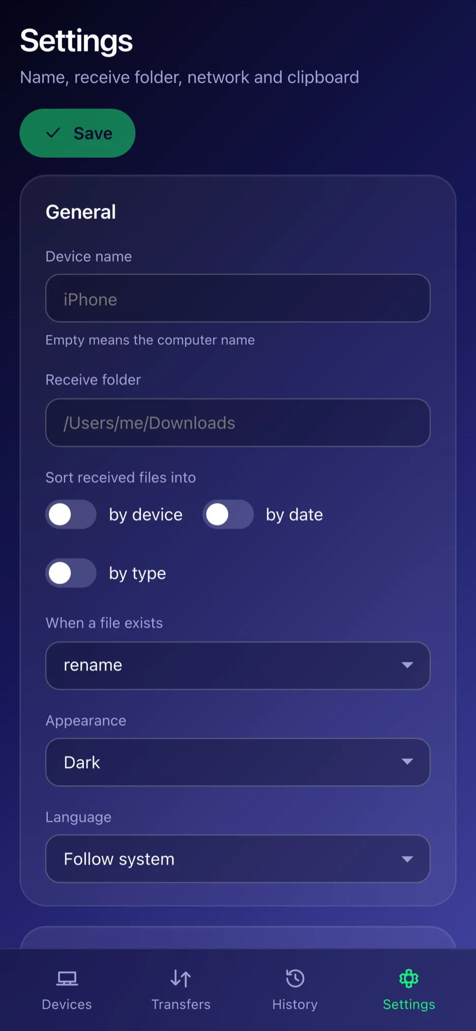 Settings — Auto-accept, PIN, language and appearance.